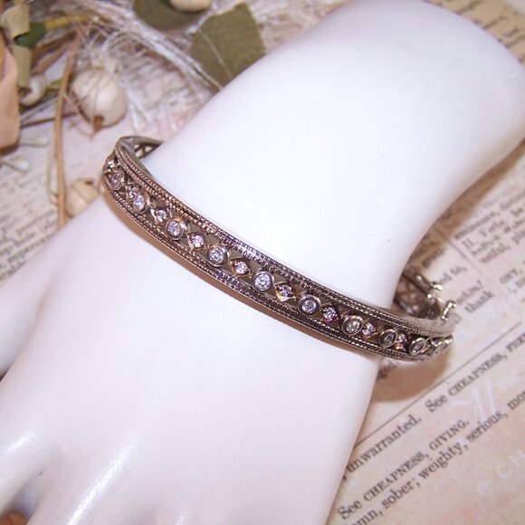 Vintage ADI Thailand Sterling Silver Cubic Zirconia CZ Hinged Bangle Bracelet - Picture 4 of 11